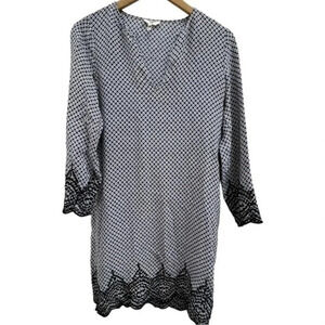 JOIE Silk Tunic Dress Women's‎ Size XS Blue Cream Geometric Long Sleeve V-Neck‌